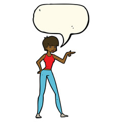 cartoon woman pointing with speech bubble