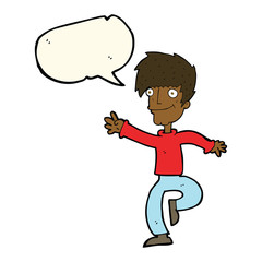 cartoon happy man dancing with speech bubble