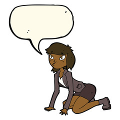 cartoon woman on hands and knees with speech bubble