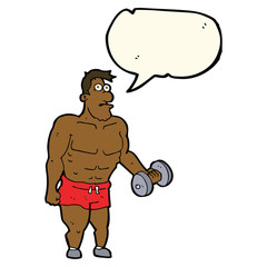 cartoon man lifting weights with speech bubble