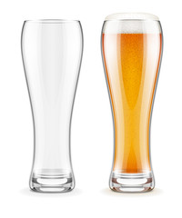 Empty transparent glass and full glass of beer with white