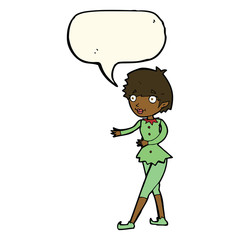 cartoon christmas elf woman with speech bubble