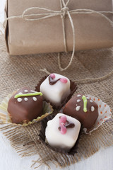 Mignon small sweet cakes on a wooden white board