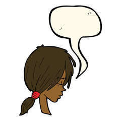 cartoon girl looking thoughtful with speech bubble