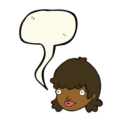 cartoon female face with surprised expression with speech bubble