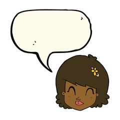 cartoon happy female face with speech bubble