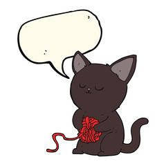 cartoon cute black cat playing with ball of yarn with speech bub