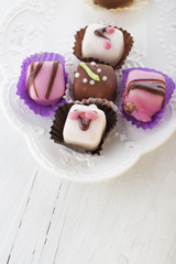 Mignon small sweet cakes on a wooden white board