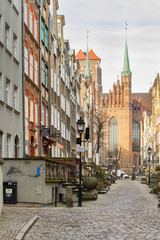 Fototapeta na wymiar Pretty view on one of the main tourist street of Gdansk in Poland