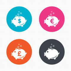 Piggy bank icons. Dollar, Euro, Pound moneybox.