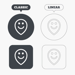 Happy face map pointer symbol. Smile icon.