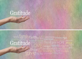 Gratitude Attitude Word Cloud - Female hand outstretched with palm up and the word 'Gratitude' hovering above surrounded by a relevant word cloud on a rainbow colored stone effect background  - obrazy, fototapety, plakaty