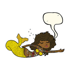 cartoon mermaid covered in tattoos with speech bubble