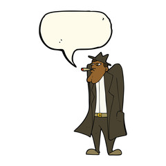 cartoon man in hat and trench coat with speech bubble