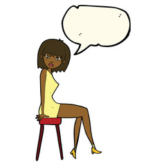 cartoon woman sitting on stool with speech bubble