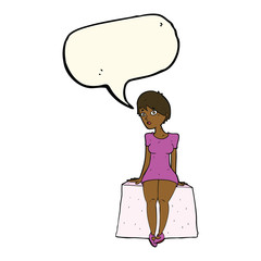 cartoon curious woman sitting with speech bubble