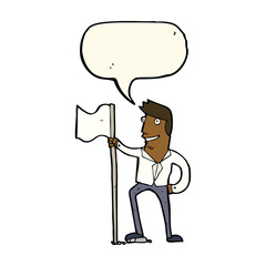 cartoon man planting flag with speech bubble