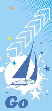 Blue sea background with white splash.Yacht vertical banner.Go t