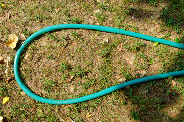 water hoses lie on the garden