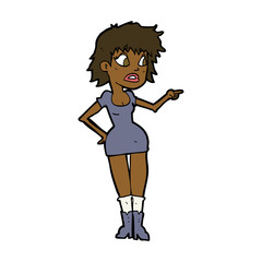 cartoon worried woman in dress pointing