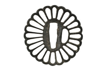 Japanese sword mountings on white background (Tsuba)