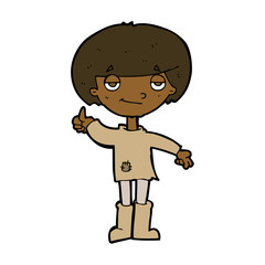 cartoon boy in poor clothing giving thumbs up symbol