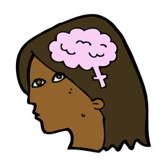 cartoon female head with brain symbol