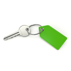 Key with blank keychain on white backgound