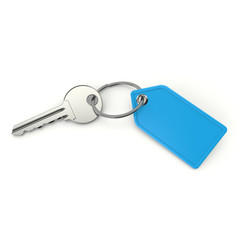 Key with blank keychain on white backgound