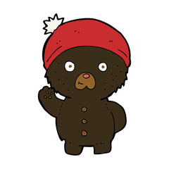 cartoon waving black teddy bear in winter hat