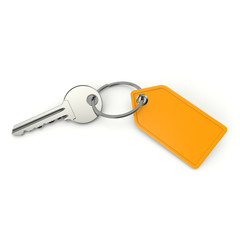 Key with blank keychain on white backgound