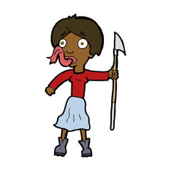 cartoon woman with spear sticking out tongue