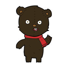 cartoon waving black bear cub with scarf