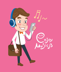 Drawing flat character design business man enjoy music concept,vector illustration
