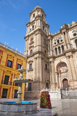 Malaga - Cathedral tower and fountain from Plaza del Obispo. - obrazy, fototapety, plakaty