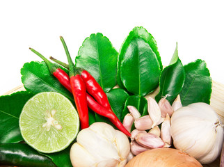 herb and spice ingredients for asian food on white background