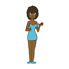 cartoon confused woman in cocktail dress