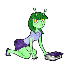 cartoon alien girl and book
