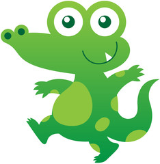 Cute green crocodile walking and smiling mischievously