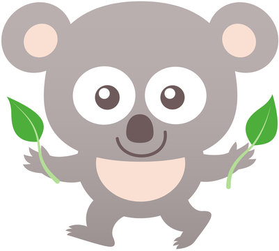 Cute koala smiling and holding eucalyptus leaves