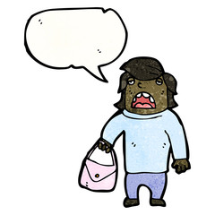 cartoon embarrassed man holding purse