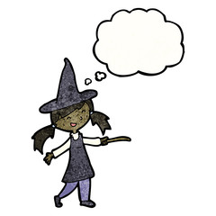 cartoon witch girl with thought bubble