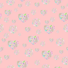 Seamless pattern of hearts and circles formed from the watercolor floral elements on a pink background