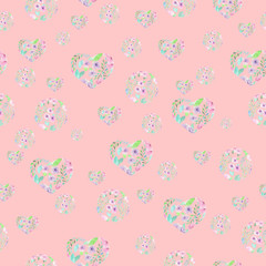 Seamless pattern of hearts and circles formed from the watercolor floral elements on a pink background