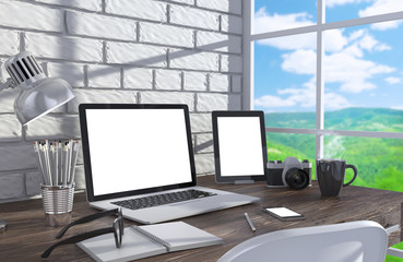 Fototapeta premium 3D illustration laptopand work stuff on table near brick wall