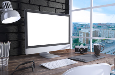 Fototapeta premium 3D illustration PC screen on table in office, Workspace
