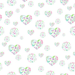 Seamless pattern of hearts and circles formed from the watercolor floral elements on a white background