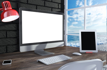 Fototapeta premium 3D illustration PC screen on table in office, Workspace