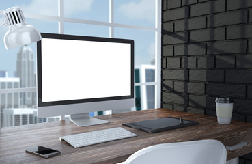 3D illustration PC screen on table in office, Workspace