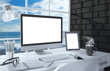 Fototapeta premium 3D illustration PC screen on table in office, Workspace